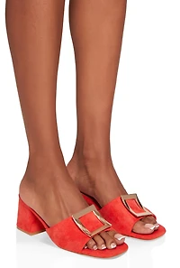 Womens Square Pendant Open Toe Block Heel Mules, Orange, Size 10