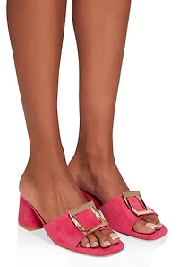 Womens Square Pendant Open Toe Block Heel Mules, Pink,
