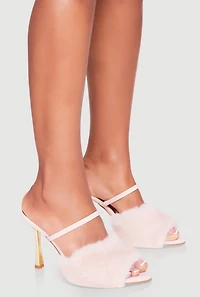 Faux Fur Band Peep Toe High Heel Mules