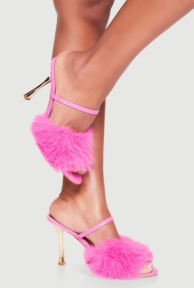 Faux Fur Band Peep Toe High Heel Mules