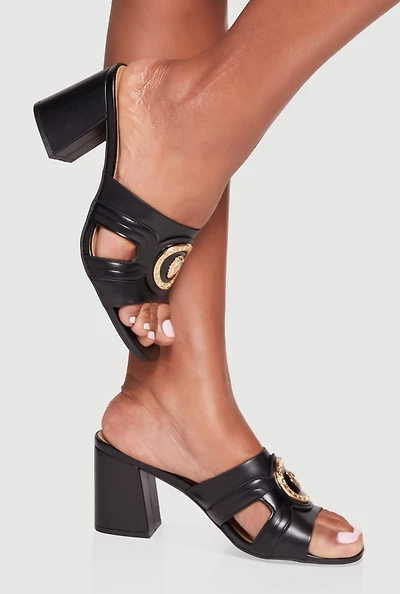 Metallic Pendant Cut Out Band Block Heel Sandals