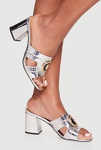 Metallic Pendant Cut Out Band Block Heel Sandals
