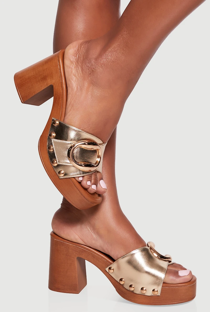 Metallic Studded Detail Wooden Platform Block Heel Sandals