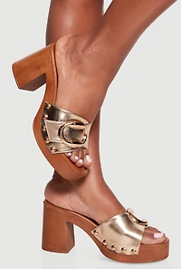Metallic Studded Detail Wooden Platform Block Heel Sandals