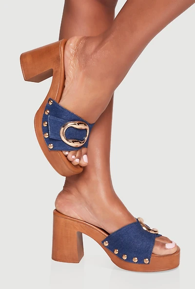 Metallic Studded Detail Wooden Platform Block Heel Sandals