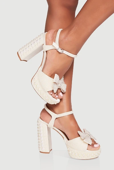 Rhinestone Bow Detail Faux Pearl Studded Platform Heels