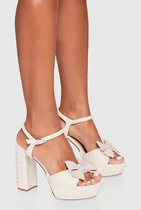Rhinestone Bow Detail Faux Pearl Studded Platform Heels