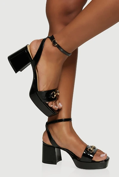 Faux Leather Horsebit Detail Ankle Strap Heels