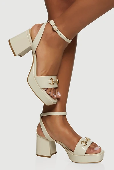 Faux Leather Horsebit Detail Ankle Strap Heels