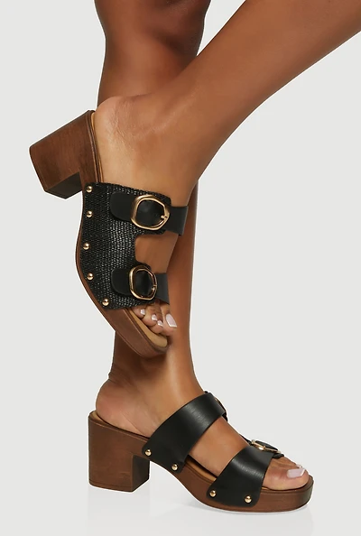 Metallic Buckle Double Banded Open Toe Block Heels