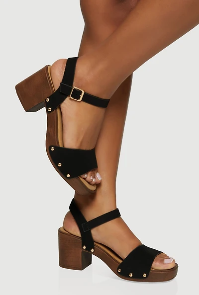 Wooden Block Heel Studded Buckle Strap Sandals