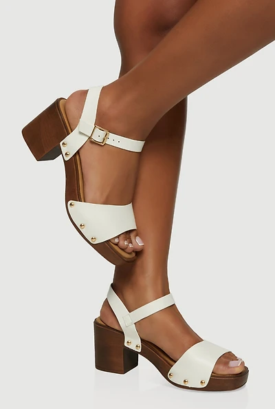 Wooden Block Heel Studded Buckle Strap Sandals