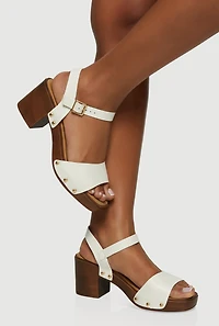 Wooden Block Heel Studded Buckle Strap Sandals