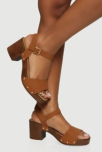 Wooden Block Heel Studded Buckle Strap Sandals