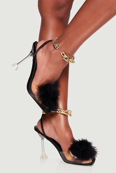 Feather Detail Chain Ankle Strap Spool High Heels