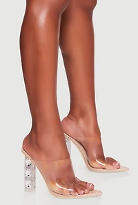 Open Toe Rhinestone Block Heel Mules