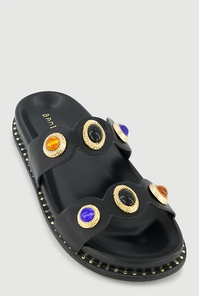 Metallic Gemstone Pendant Double Band Footbed Sandals