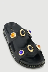 Metallic Gemstone Pendant Double Band Footbed Sandals