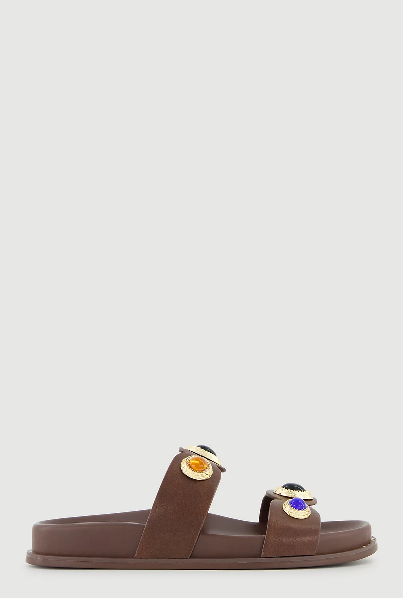 Metallic Gemstone Pendant Double Band Footbed Sandals