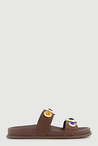 Metallic Gemstone Pendant Double Band Footbed Sandals