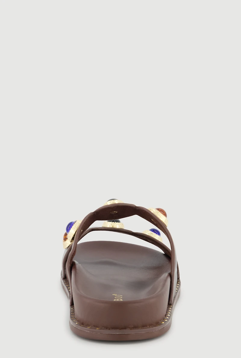 Metallic Gemstone Pendant Double Band Footbed Sandals