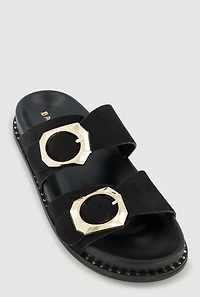 Studded Trim Faux Suede Double Buckle Footbed Slide Sandals