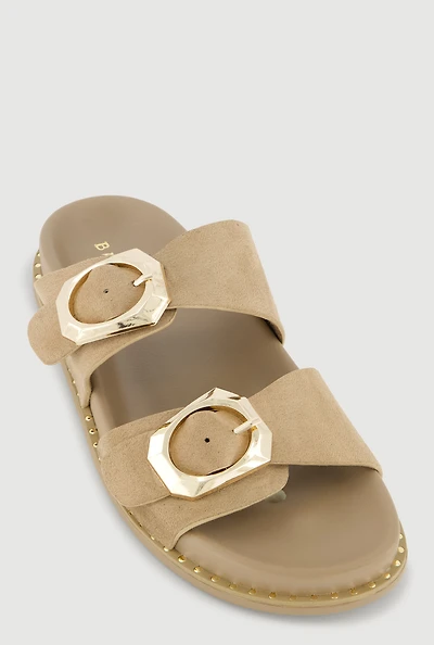 Studded Trim Faux Suede Double Buckle Footbed Slide Sandals