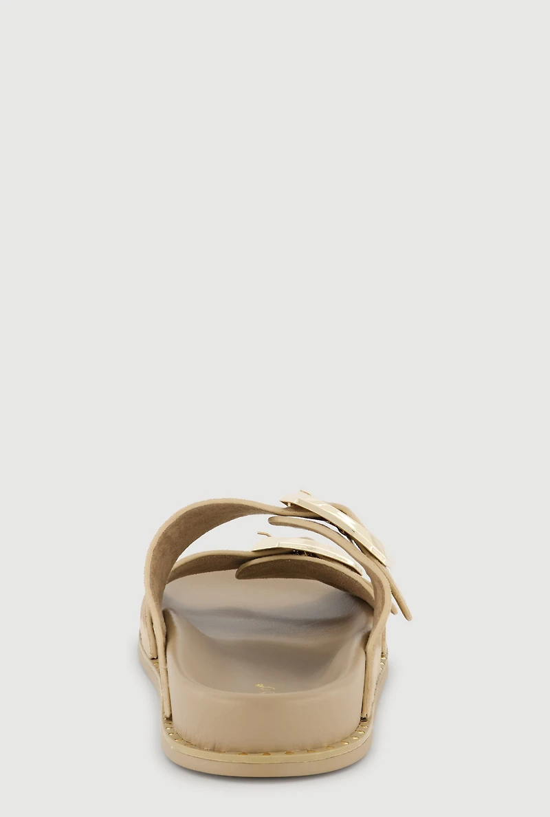 Studded Trim Faux Suede Double Buckle Footbed Slide Sandals