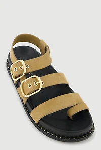 Buckled Studded Trim Faux Suede Toe Loop Slide Sandals
