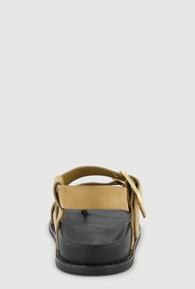 Buckled Studded Trim Faux Suede Toe Loop Slide Sandals