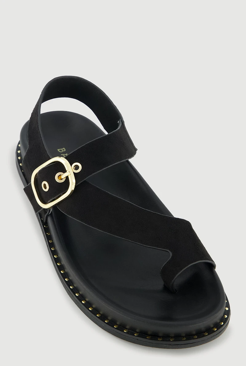 Metallic Buckle Faux Suede Toe Loop Sandals