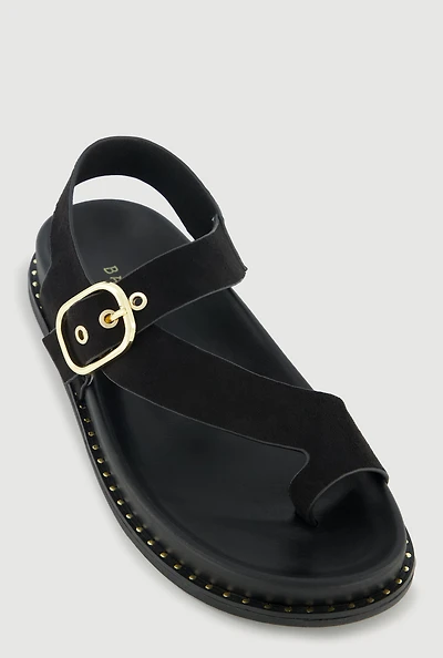 Metallic Buckle Faux Suede Toe Loop Sandals