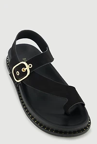 Metallic Buckle Faux Suede Toe Loop Sandals