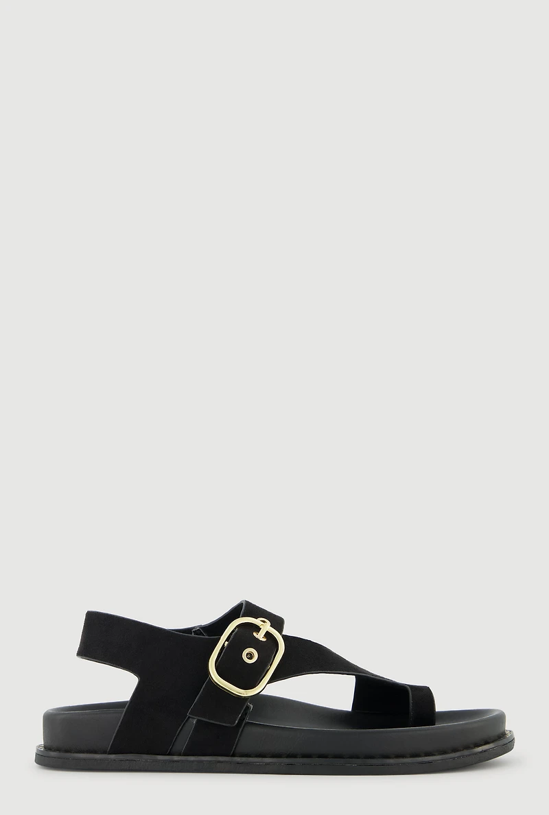 Metallic Buckle Faux Suede Toe Loop Sandals