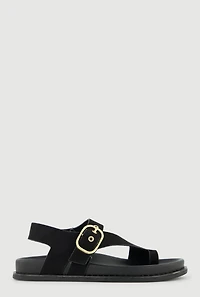 Metallic Buckle Faux Suede Toe Loop Sandals