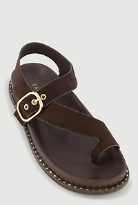 Metallic Buckle Faux Suede Toe Loop Sandals