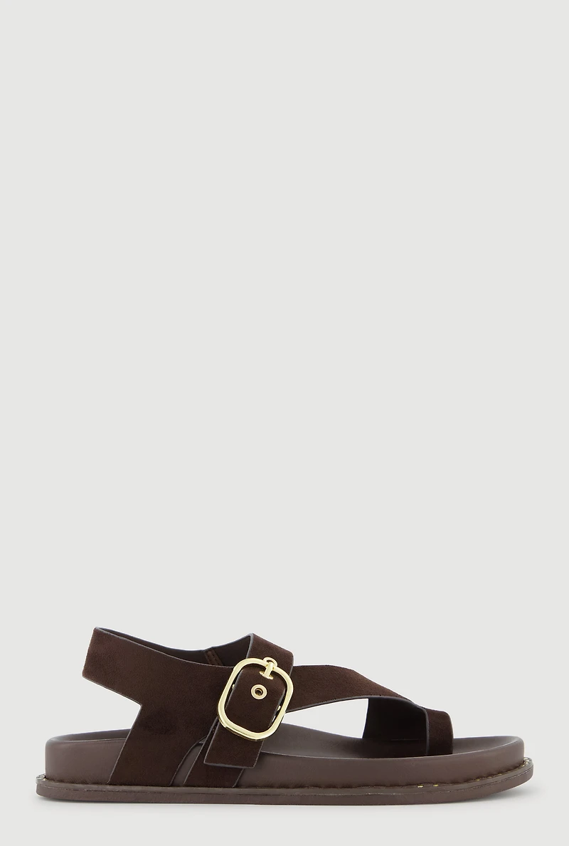 Metallic Buckle Faux Suede Toe Loop Sandals