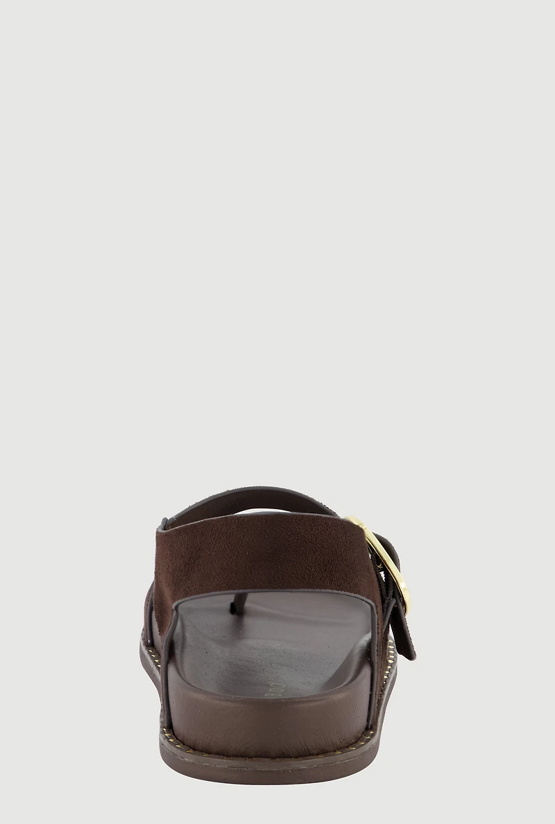 Metallic Buckle Faux Suede Toe Loop Sandals