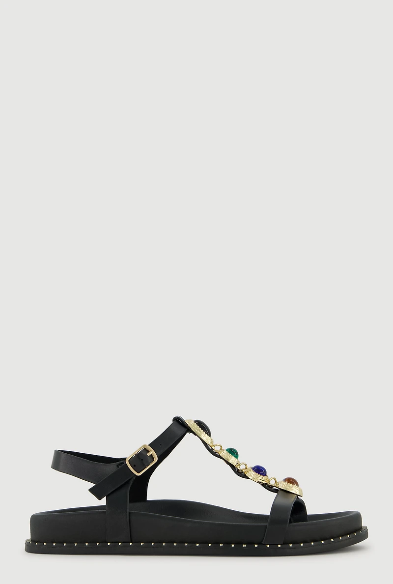 Faux Leather Gemstone Embellished Footbed Sandals