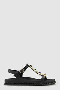 Faux Leather Gemstone Embellished Footbed Sandals