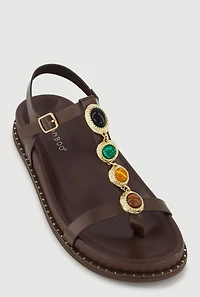 Faux Leather Gemstone Embellished Footbed Sandals