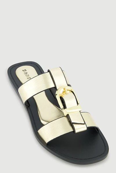 Metallic Buckle Open Toe Slide Sandals