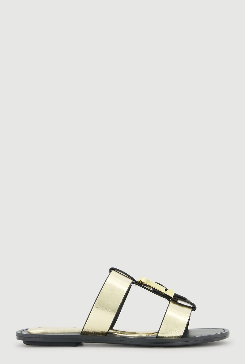 Metallic Buckle Open Toe Slide Sandals