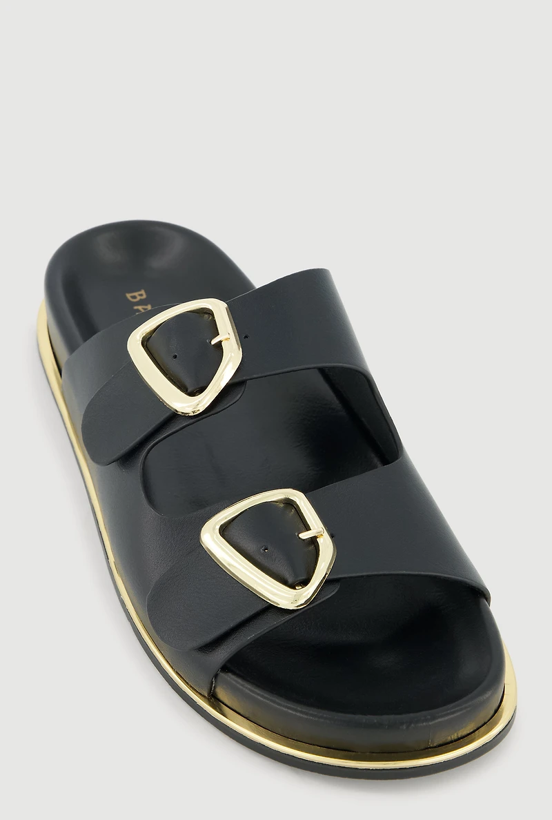 Metallic Double Buckle Slide Sandals