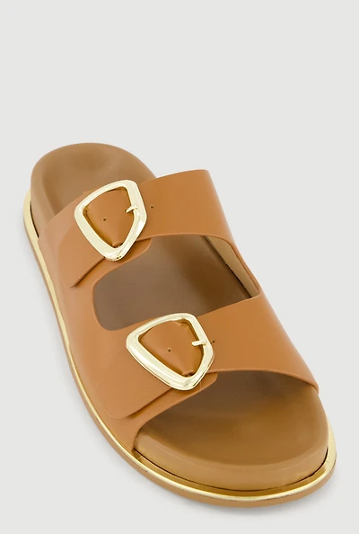 Metallic Double Buckle Slide Sandals
