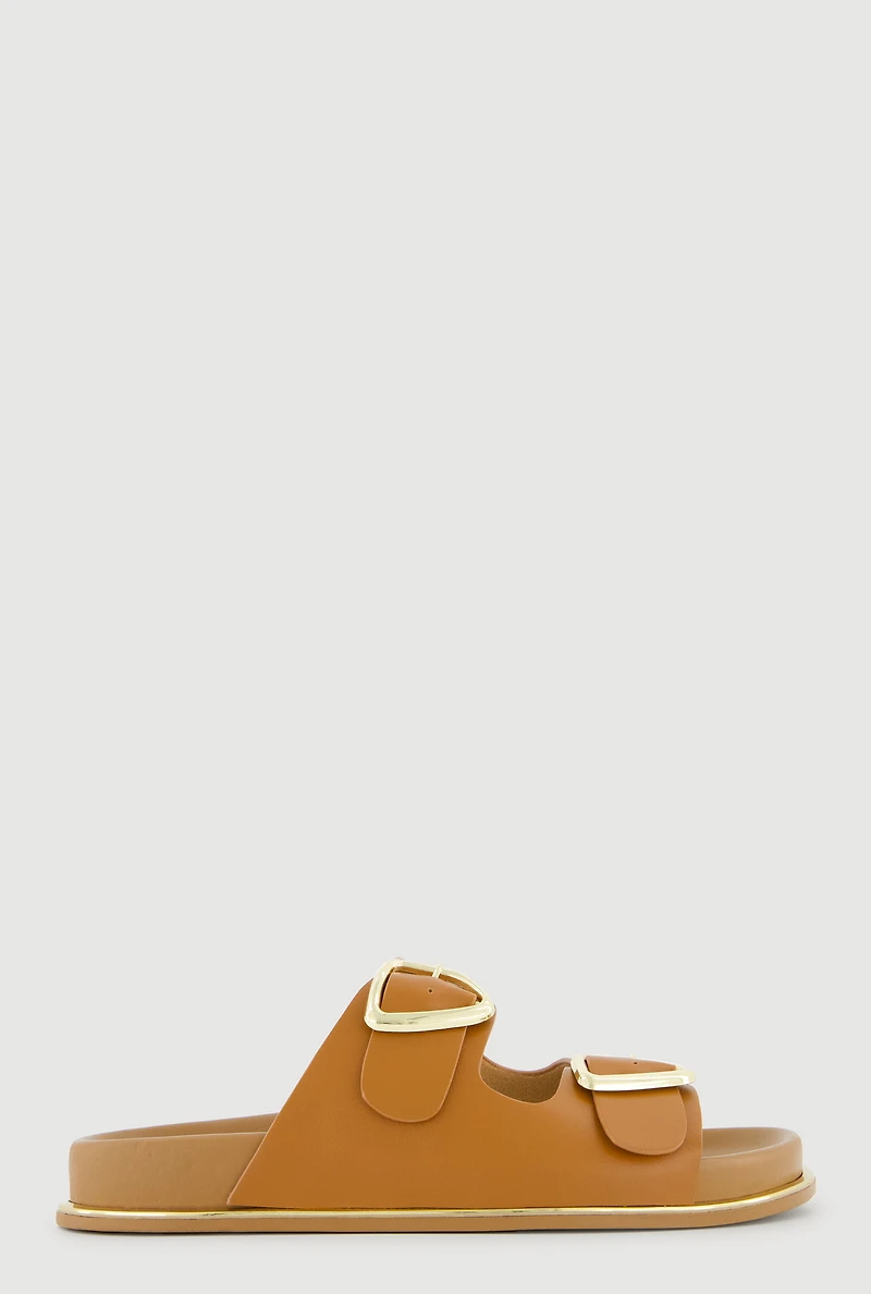 Metallic Double Buckle Slide Sandals