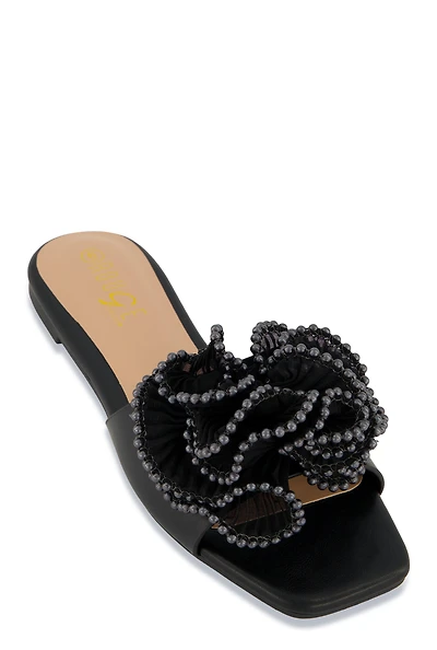 Womens Plisse Beaded Trim Band Slide Sandals,