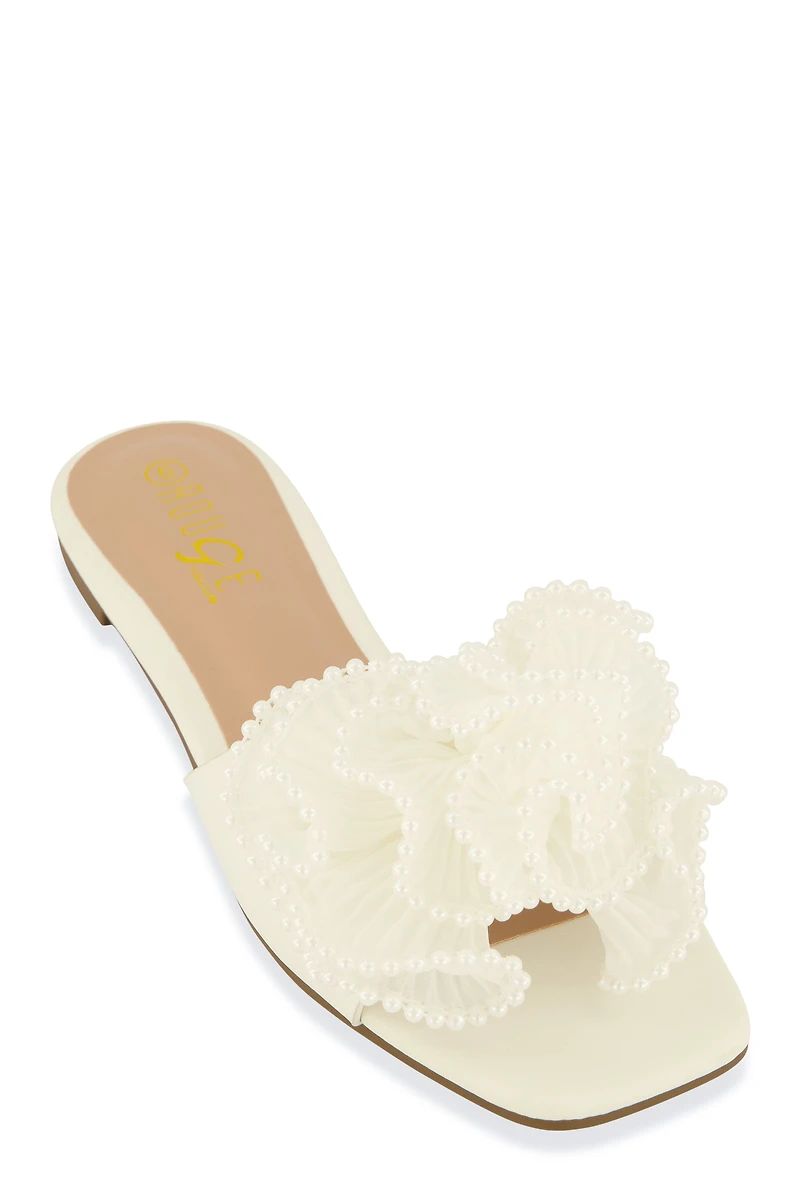 Plisse Beaded Trim Band Slide Sandals