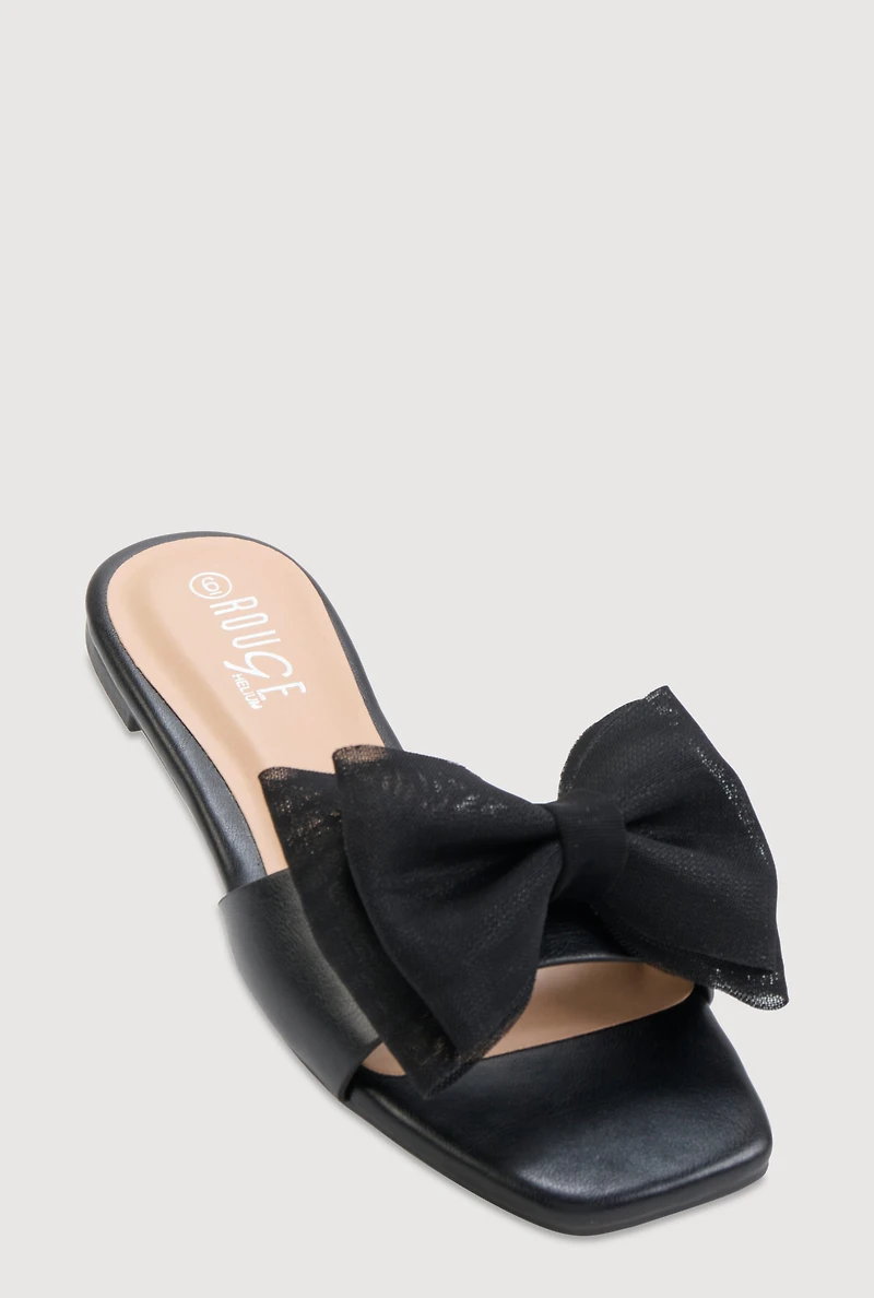 Womens Organza Double Bow Band Slide Sandals,