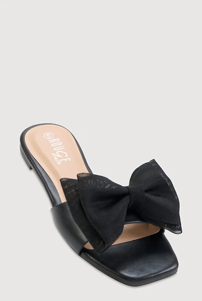 Womens Organza Double Bow Band Slide Sandals, Black, Size 9